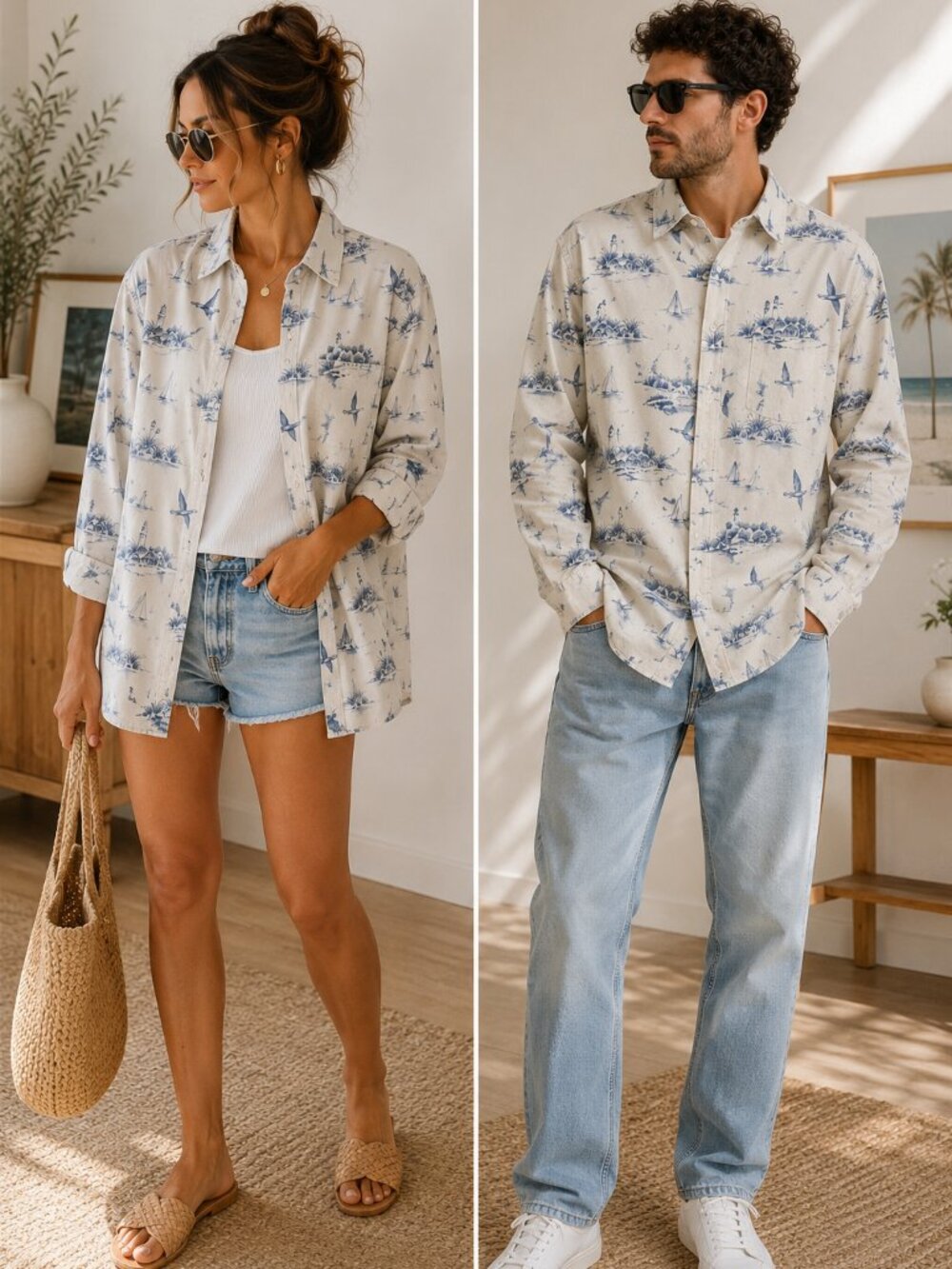 Vintage Lands’ End Duck Coastal Toile Shirt Blue Ivory Cotton Men L Unisex